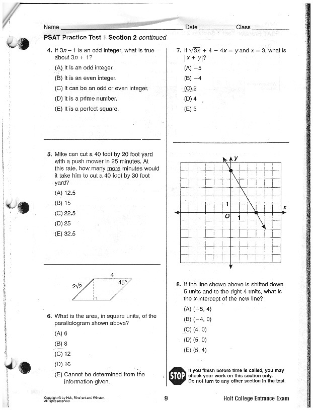 psat practice test math section answers