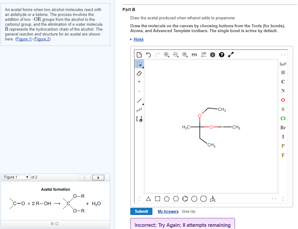 draw the acetal produced when ethanol adds to propanone