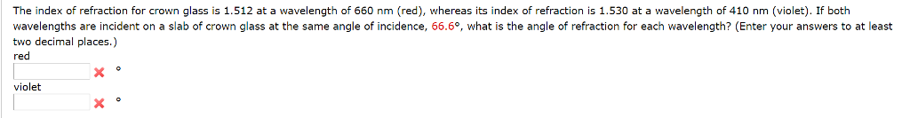 Solved The index of refraction for crown glass is 1.512 at a | Chegg.com