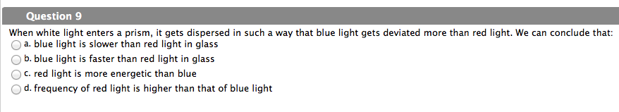 when white light is dispersed by a prism compared with blue light