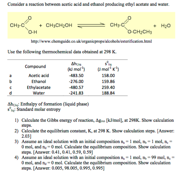 Consider a reaction between acetic acid and ethanol
