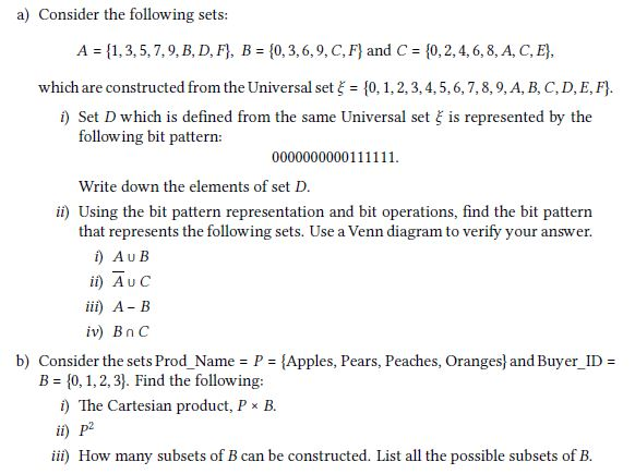 Solved A) Consider The Following Sets A 1,3, 5,7,9, B, D, | Chegg.com