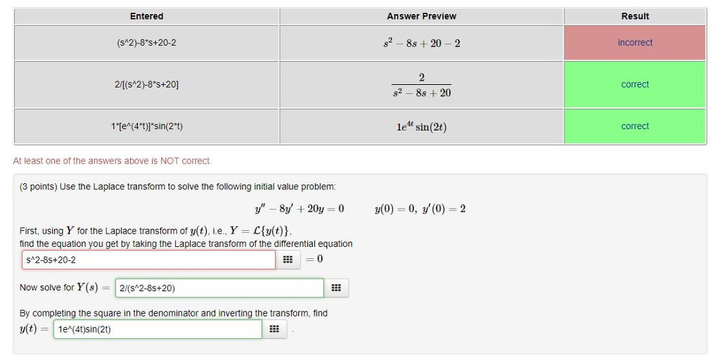 Solved Entered Answer Preview Result (s 2)-8 S+20-2 s2 -8 | Chegg.com
