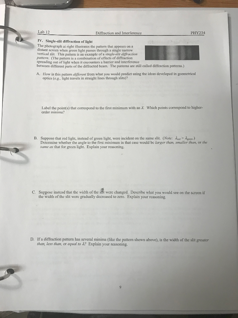 Solved Lab 12 Diffraction and Interference PHY234 IV. | Chegg.com