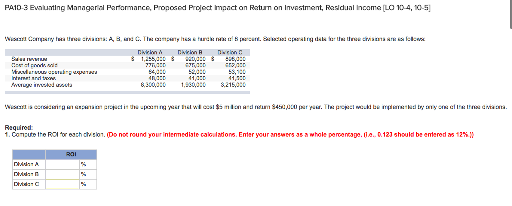 Solved PA10-1 Calculating Return on Investment, Residual | Chegg.com