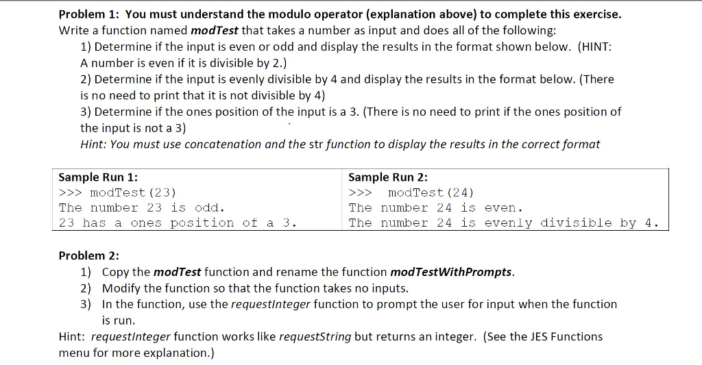 Solved Write a function named modTest that takes a number as | Chegg.com