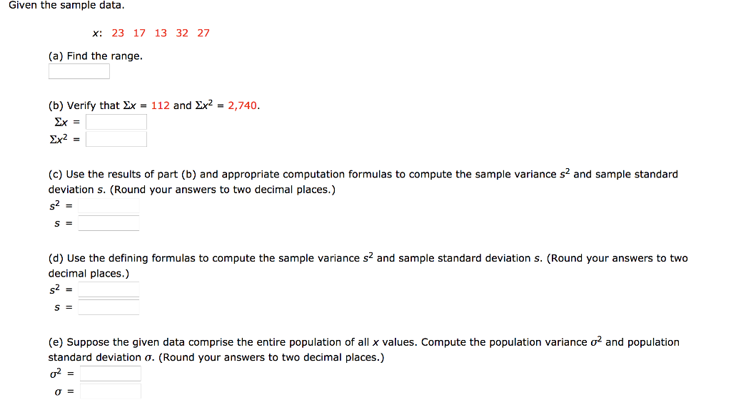 Solved Given the sample data. x: 23 17 13 32 27 (a) Find the | Chegg.com