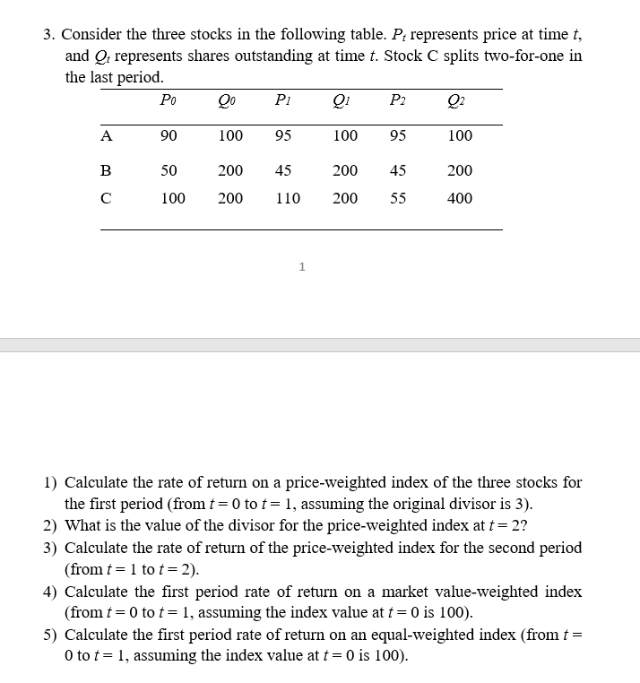 Solved 3. Consider The Three Stocks In The Following Table. | Chegg.com