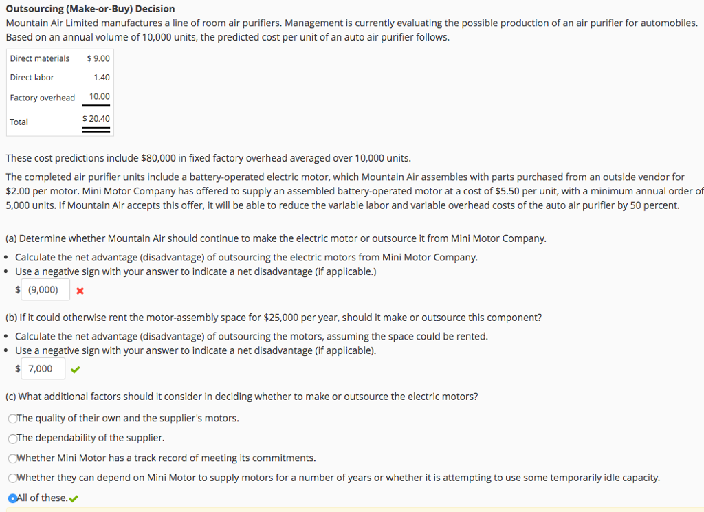 Solved Outsourcing (MakeorBuy) Decision Mountain Air