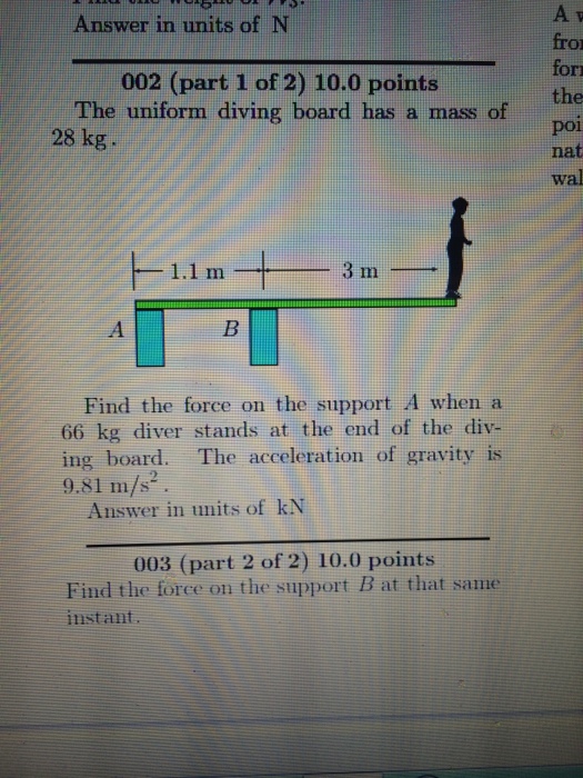 Solved The uniform diving board has a mass of 28 kg. Find