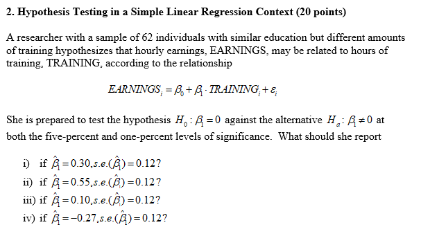 simple linear regression hypothesis testing examples