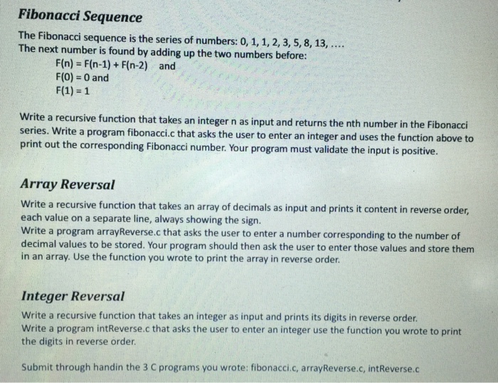 Solved Fibonacci Sequence The Fibonacci sequence is the | Chegg.com
