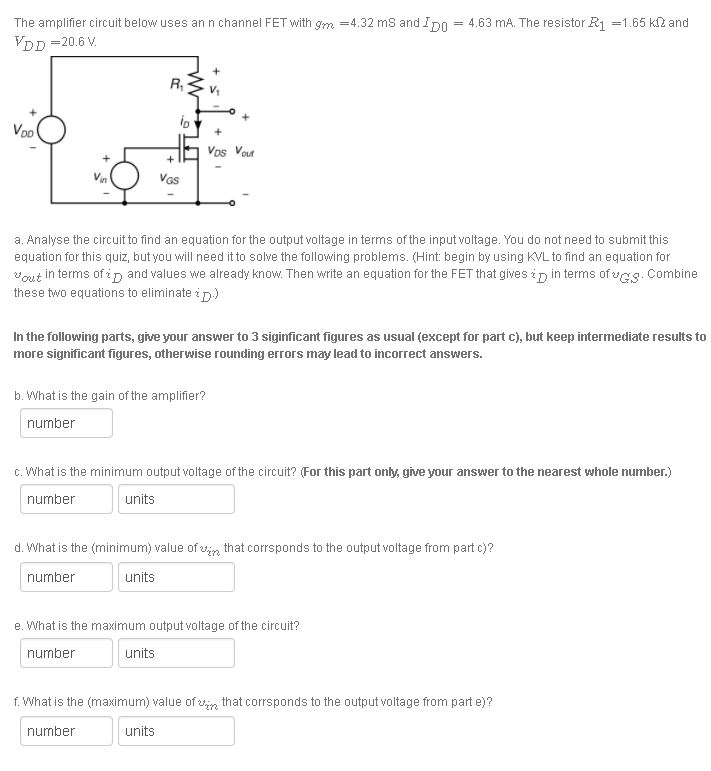 Solved The amplifier circuit below uses an n channel FET | Chegg.com