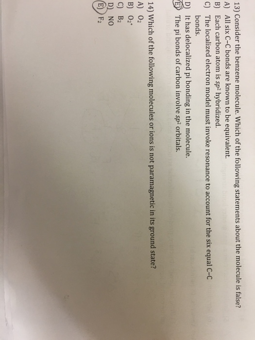 Solved Consider the benzene molecule. Which of the following | Chegg.com