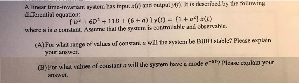 Solved Please help with linear systems theory problem. I | Chegg.com