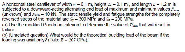 Solved A horizontal steel cantilever of width w - 0.1 m, | Chegg.com