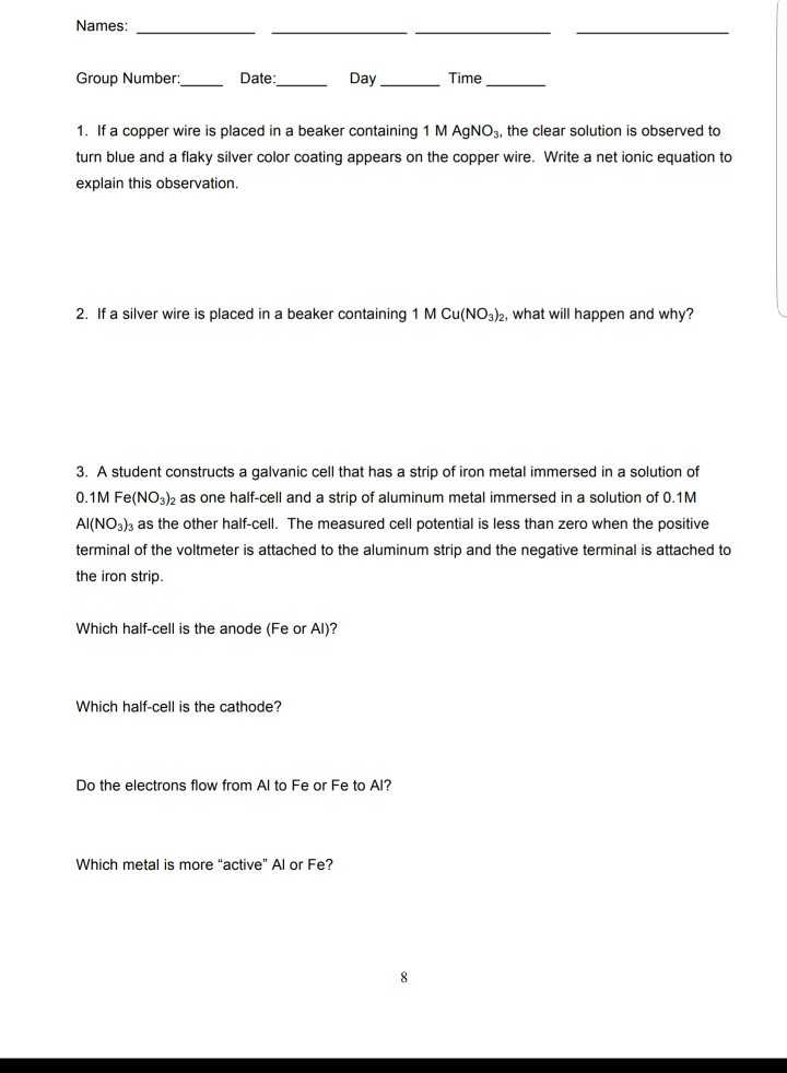 Solved Names: Group Number Date:_ DayTime 1. If a copper | Chegg.com