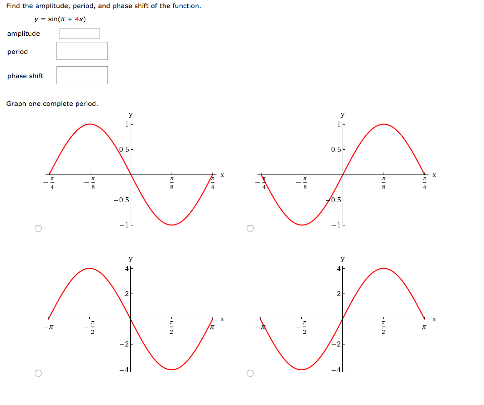 Solved Find the amplitude, period, and phase shift of the | Chegg.com