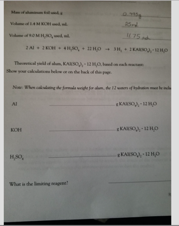 Solved Mass of aluminum foil used,g 0.135 Volume of 1.4 M