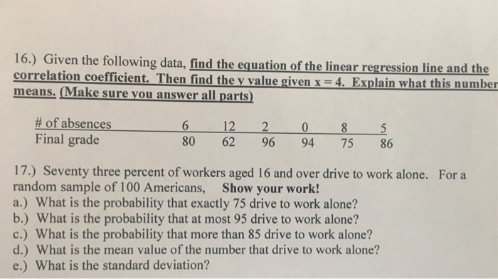 Solved Find the equation of the linear regression line and | Chegg.com