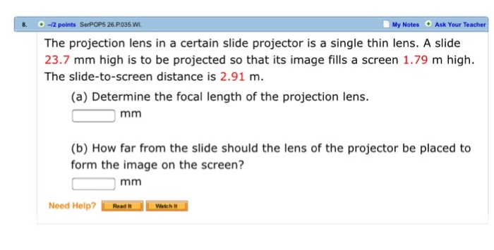 Solved The projection lens in a certain slide projector is a | Chegg.com