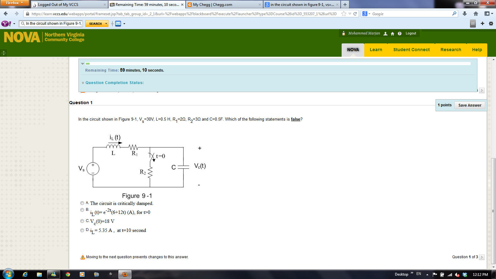 Solved In The Circuit Shown In Figure 9 1 Vs 30v L 0 5 Chegg Com