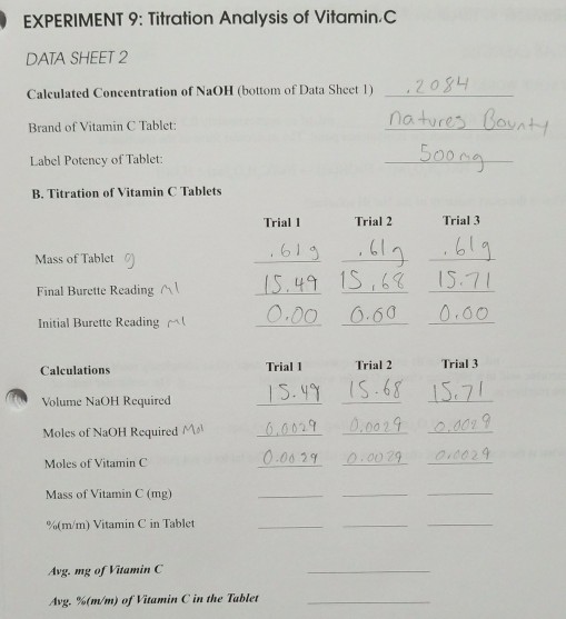 Solved EXPERIMENT 9 Titration Analysis of Vitamin.c DATA