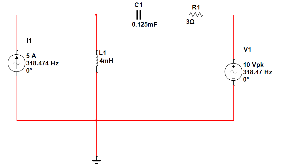 Solved 5A 318.474 Hz L1 4mH C1 0.125mF R1 32 V1 10 Vpk | Chegg.com