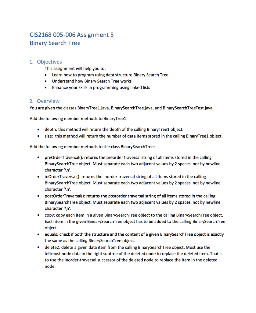 Solved CIS2168 005-006 Assignment 5 Binary Search Tree 1. | Chegg.com
