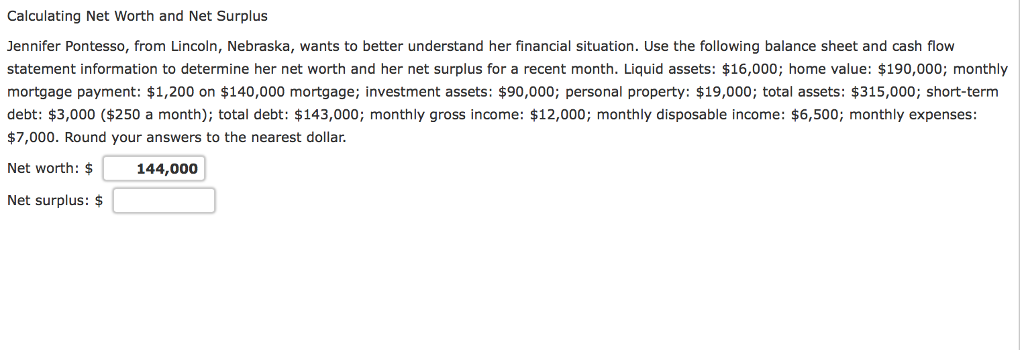 Net Surplus Calculation Solved Calculating Net Worth and Net Surplus Jennifer | Chegg.com