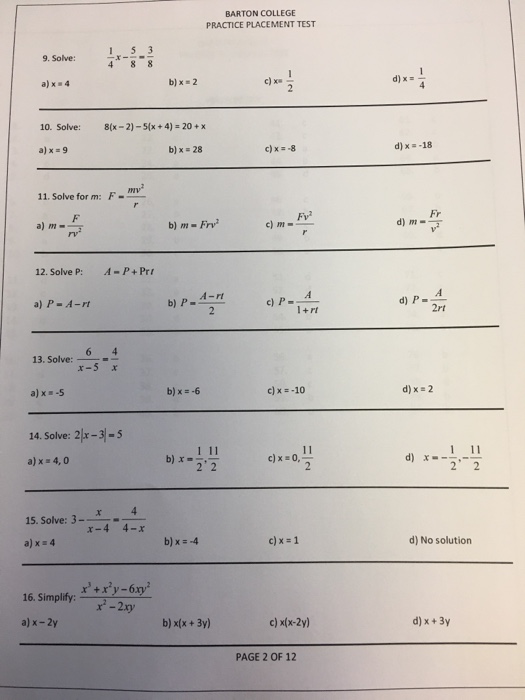 Solved BARTON COLLEGE PRACTICE PLACEMENT TEST Solve: | Chegg.com