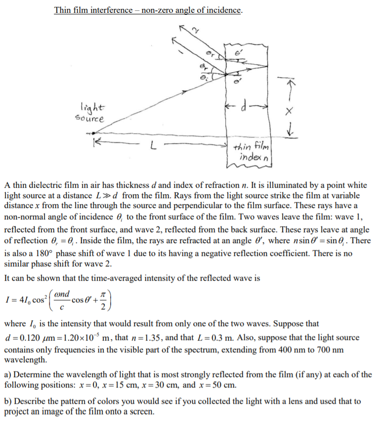 Thin film interference non-zero angle of incidence | Chegg.com