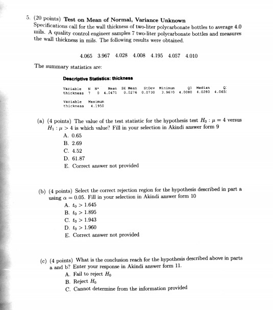 Solved 5. (20 points) Test on Mean of Normal, Variance | Chegg.com