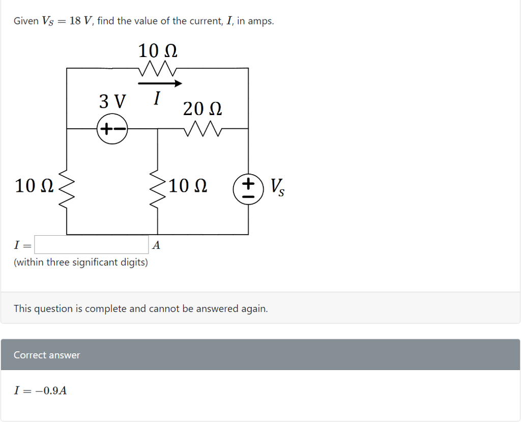Solved Given Vs 18 V, find the value of the current, I, in | Chegg.com