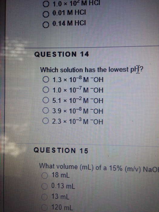 Solved Which solution has the lowest pH? What volume (mL) of