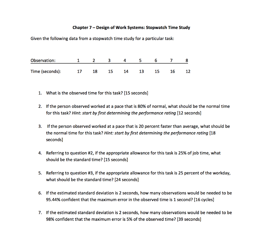 Solved Chapter 7 Design of Work Systems Stopwatch Time