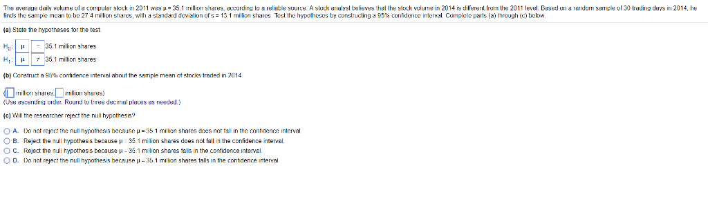 Solved The average daily volume of a computer stock in 2011 | Chegg.com