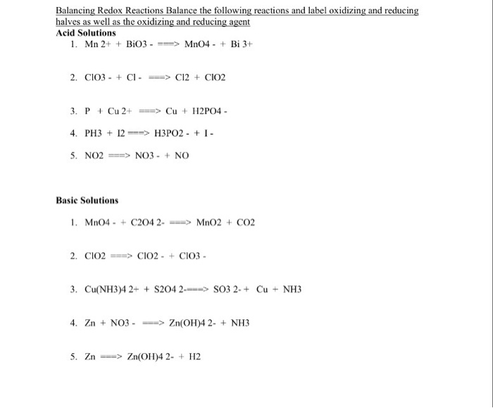 Solved Balancing Redox Reactions Balance the following | Chegg.com