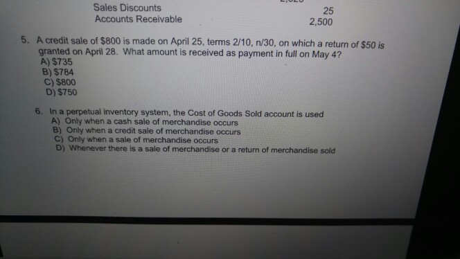 Solved Sales Discounts Accounts Receivable 25 2,500 A credit | Chegg.com