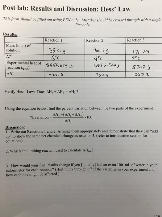 Solved Thermochemistry: Hess Law Experiment 12 | Chegg.com