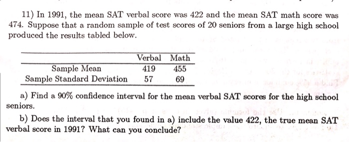 Solved In 1991, the mean SAT verbal score was 422 and the | Chegg.com