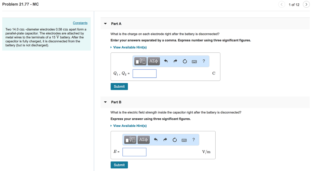 Solved Problem 21.77-MC 1 of 12> Constants Part A Two 14.0 | Chegg.com