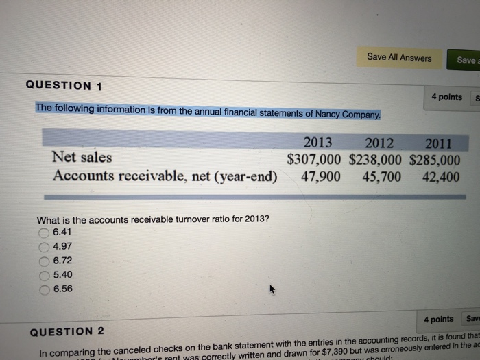 Solved What Is The Accounts Receivable Turnover Ratio For Chegg