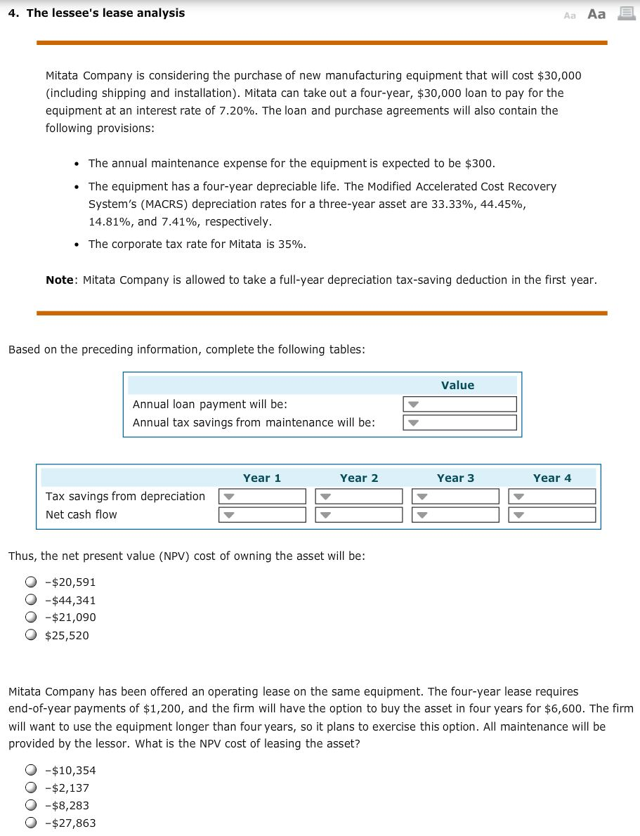 Solved The lessee's lease analysis Mitata Company is | Chegg.com