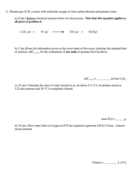 Solved Pentane gas (C_3 H_12) reacts with molecular oxygen | Chegg.com