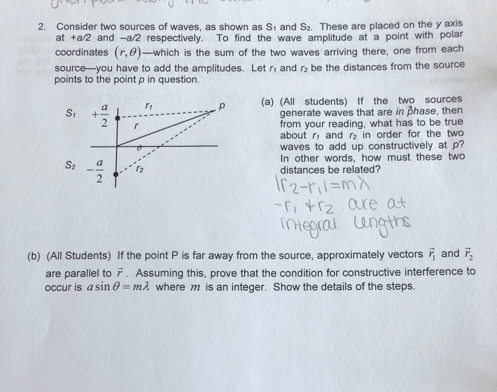 Solved 2. Consider two sources of waves, as shown as S1 and | Chegg.com