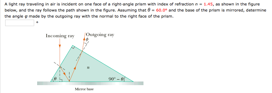 Solved A light ray traveling in air is incident on one face | Chegg.com