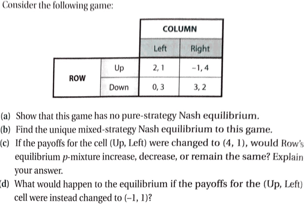 Solved Consider The Following Game: COLUMN Left Right ROW | Chegg.com