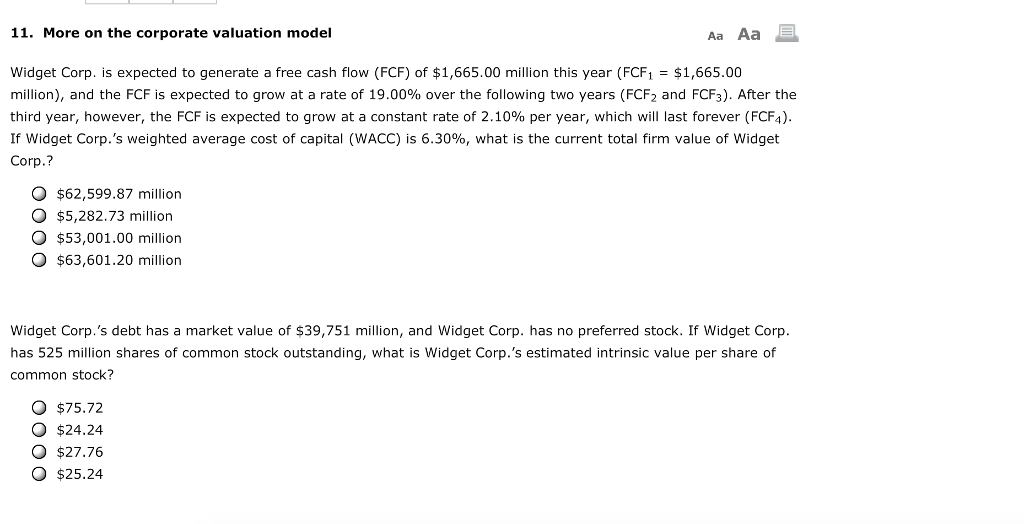 Solved 11. More on the corporate valuation model Aa Aa | Chegg.com