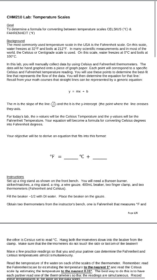 Solved CHM210 Lab: Temperature Scales Goal To determine a | Chegg.com